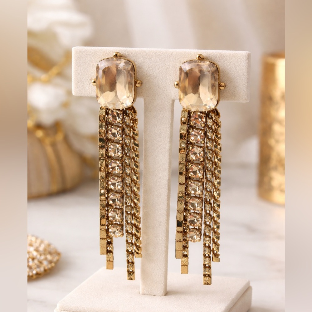 ✨ Vintage 1970s Champagne Rhinestone Fringe Statement Earrings Disco Era Glam ✨